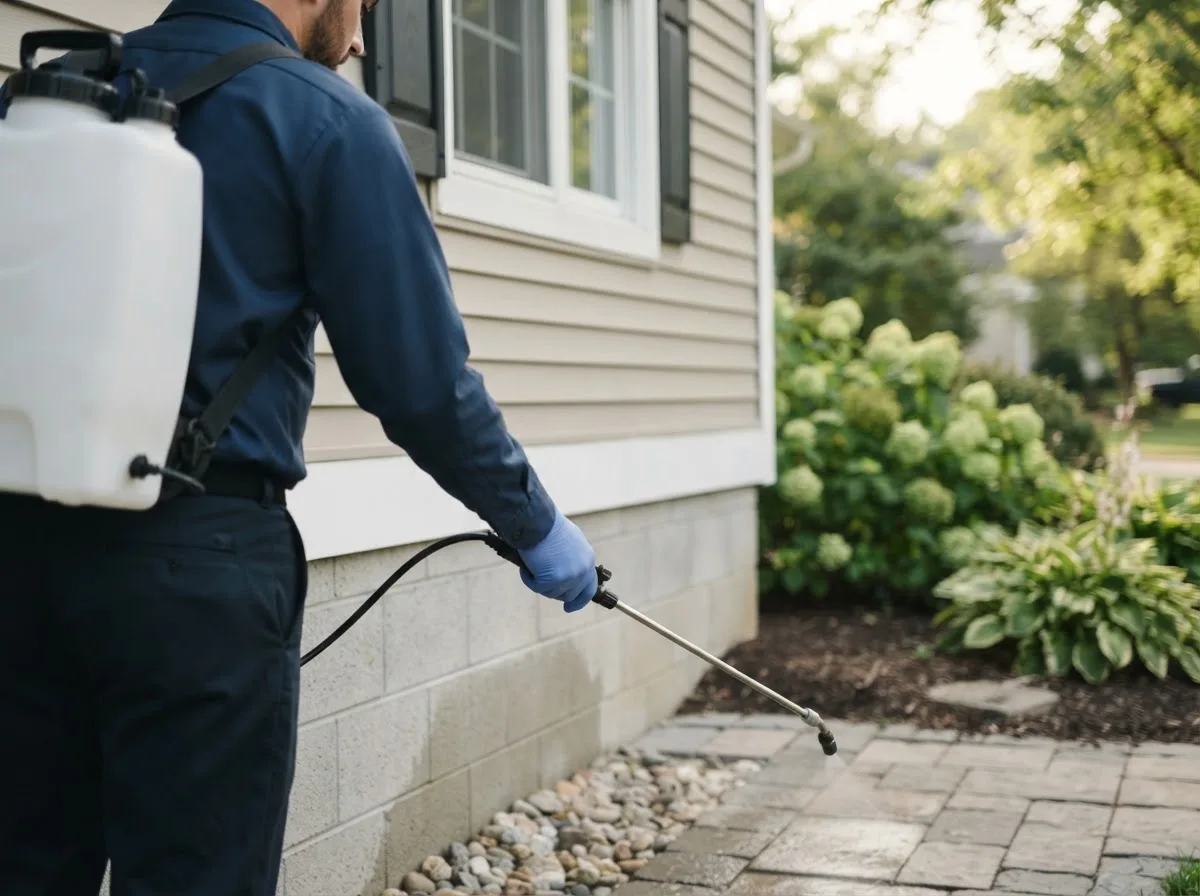 Pest control technician inspecting a home in Muse, OK